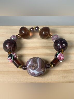 Vintage Purple Floral Murano Lampwork Glass Beaded Stretch Bracelet 7”